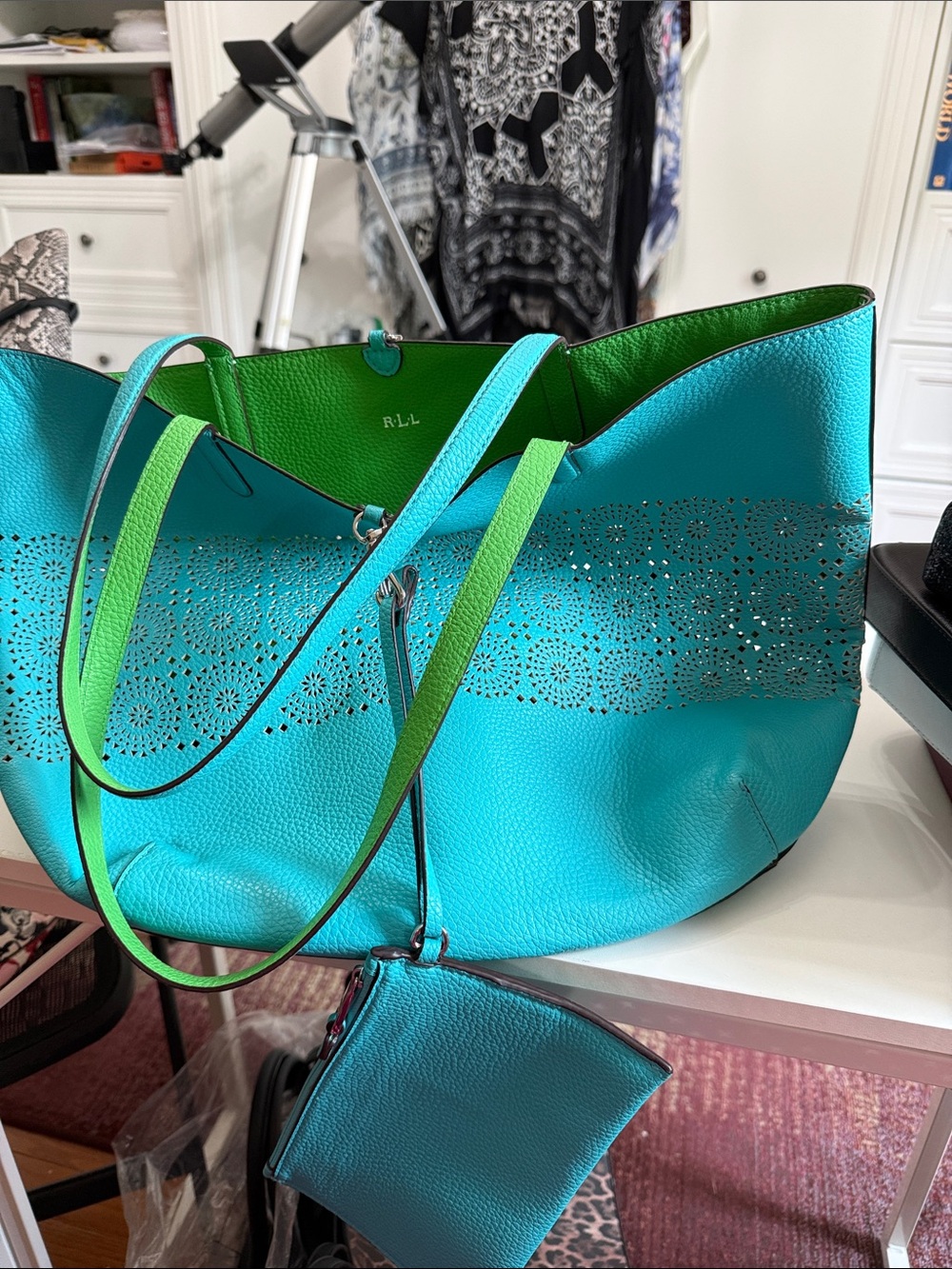 Lauren Ralph Lauren 18” x12” lime & turquoise perforated reversible.  NWOT